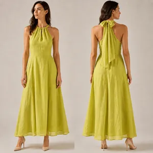 Soft Surroundings‎ Soliloquy Linen Silk Halter Maxi Dress Linden Green Large NWT thumbnail 2