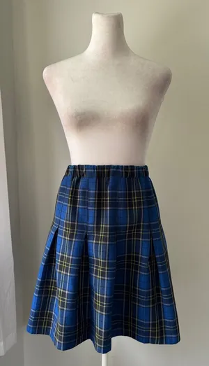Royal Blue & Black Plaid Pleated Elastic Waist A-Line Knee Length Skirt thumbnail 1