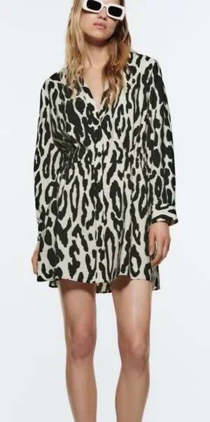 Zara Women's Animal Print Long Sleeve Mini Shirt Dress Size M thumbnail 1