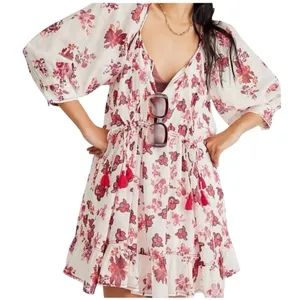 Free People Camella Mini Dress M Ivory and Pink Floral Bohemian 3/4‎ Sleeve thumbnail 1