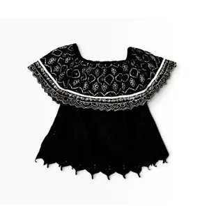 Hemant & Nandita Top‎ XS Black Embroidered Eyelet Boho Off Shoulder Sequin thumbnail 2