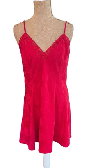 Victoria's Secret Vintage Red Jacquard Lace Trim‎ Chemise Nightgown Medium thumbnail 1