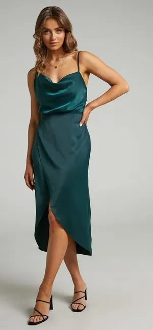 Showpo Sisters By Heart Asymmetric Cowl Neck Midi Dress in Emerald Satin Size 4 thumbnail 1