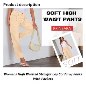 NEW High Waisted Corduroy Pants Straight Leg Loose Trousers Pockets L thumbnail 4