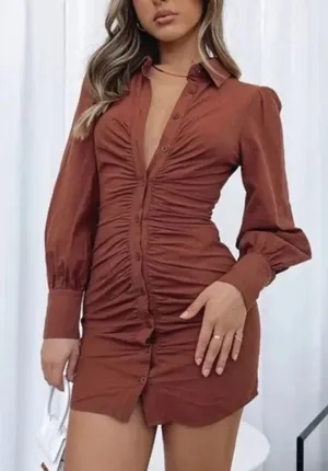 White Fox Boutique not so subtle mini dress buttoned dip dyed brown western S thumbnail 1
