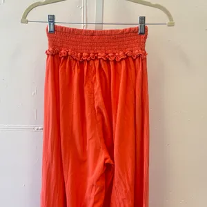 Blanco Orange Cotton Gauze Super Wide Leg Smocked Pom Pom Trim Harem Pants Large thumbnail 5
