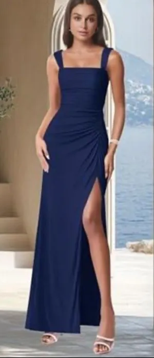 Women's Navy Blue Square-Neck Evening Dress with Back Tie m thumbnail 1
