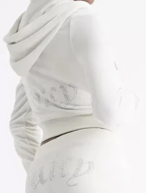 Juicy Couture Bling Velour Tracksuit Jacket Hoodie & Pants in Cream Soda thumbnail 3