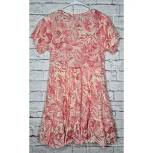 OLIVACEOUS Pink Tropical Toile Floral Tiered Mini Dress Cotton Tassel Boho Med. thumbnail 4