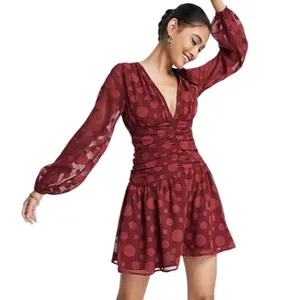 ASOS New Design V-Neck Ruched Waist Long Sleeve Skater Mini Dress Oxblood Size 0 thumbnail 1