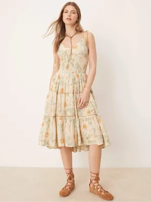 Free People Bohemian Dainty Cottage Adriel Tiered Midi Dress Ivory Floral Small thumbnail 14