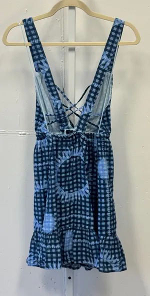 Urban Outfitters Blue Gingham Sunburst Lace Up Mini Dress Medium Summer thumbnail 1