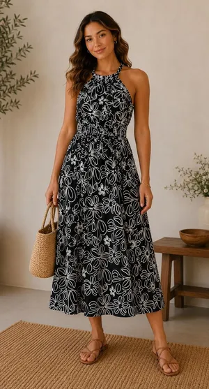 NEW Bohme‎ Cottagecore Floral Embroidered Halter Midi Dress XS JOD1057 thumbnail 1