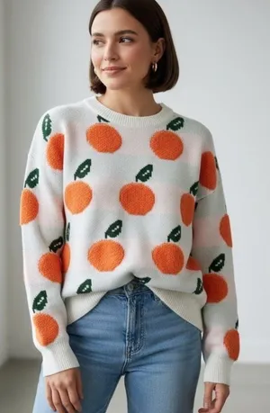 NWT Cider Whitey Orange Print Knit Sweater Novelty Fruit Cozy Pullover Size M thumbnail 2