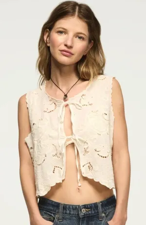 Lucky Brand Festival Lacey Embroidered Open Front Tie Top Cream Womens Medium thumbnail 1