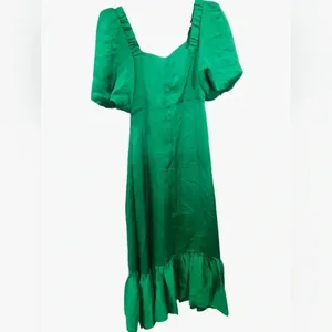 💚‎ Sandro Paris Rhinestone Cutout Green Midi Dress ✨ Puff Sleeve Glam 💚 thumbnail 3