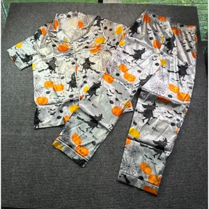 Halloween Satin Pajama Set Witches Pumpkins Ghosts Silver XL Short Sleeve Pants thumbnail 1