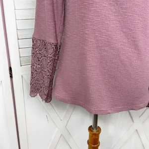 Ribbed Knit Lace Cuff Long Sleeve Henley Shirt‎ Mauve Dusty Rose Size Large thumbnail 7