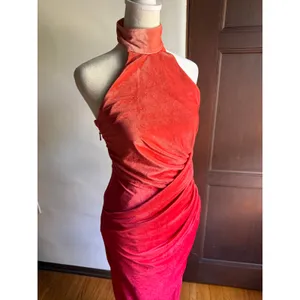 JLUXLABEL | Orange to Red Ombre Velvet High Neck Halter Draped Maxi Dress Small thumbnail 2
