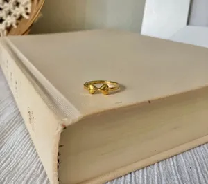Two Hearts Gold Bow Petite Ring “Angel” Classic Girly Femme Band Stacking Neutral Jewelry thumbnail 1