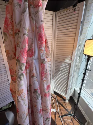 Romantic Ivory High-Low Floral Dress with Pink Roses side zip thumbnail 8