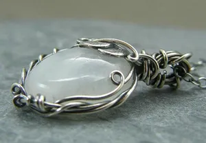 White Rainbow Moonstone Gemstone Silver Vintage Style Necklace- Pendant thumbnail 2