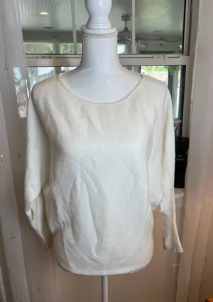 Francesca's Collections Blue Rain Cream Boatneck Knit Sweater size medium. thumbnail 1