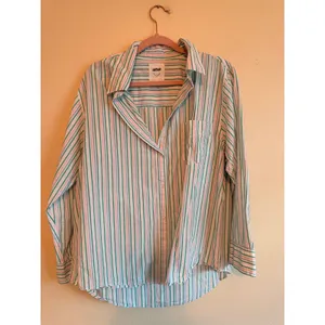 Aerie Button Down Shirt Women Large Green Pink Striped Coastal Relaxed Fit Top thumbnail 4