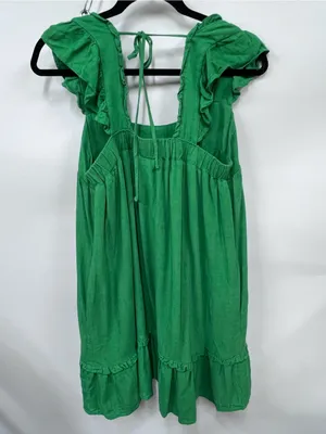 Linen blend Green Ruffled Sun mini Dress size L thumbnail 10