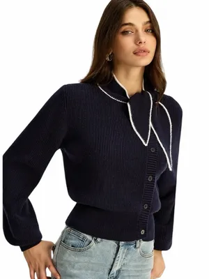 Commense - NWT Tie Neck Button Knit Cardigan Wool Blend Navy White Trim Sz M thumbnail 1