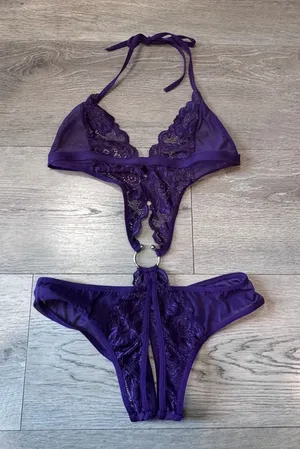 Avidlove Purple Lace Mesh Halter Teddy Bodysuit O-Ring‎ Detail Small thumbnail 1