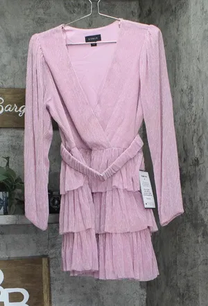 B. Darlin Juniors Metallic V-Neck Belted Dress 914Z740 Pink 7/8 thumbnail 1