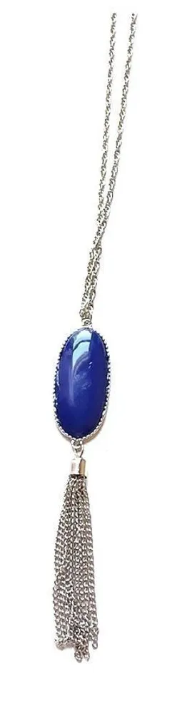 Boho Faux Lapis Long SilverChain Pendant Necklace thumbnail 1