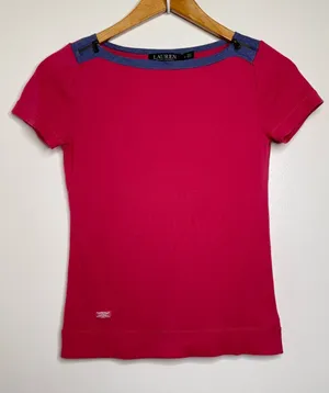 Lauren Ralph Lauren Short Sleeve Top Women’s Size Small Chambray Trim Cotton thumbnail 1