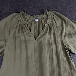 Old Navy Womens Olive Green Cotton Gauze Ruffle Neck Shift Dress Large Short Slv thumbnail 8