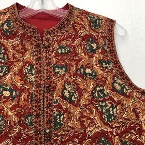 90s Retro Vintage red orange green brown paisley quilted vest sleeveless jacket tunic mock neck Size L, measurement in pics #boho #whimsygoth thumbnail 2