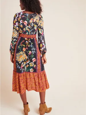 ANTHROPOLOGIE Adair Velvet Trimmed Midi Dress in Black Floral Pattern‎ size 0 thumbnail 2