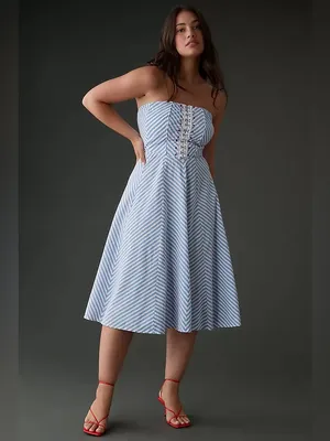Anthropologie Maeve Strapless A-Line Midi Dress Chevron Coastal Nautical Boho thumbnail 3