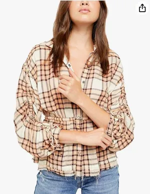 Free People We The Free Womens‎ Medium Plaid Released Trim Button-Down Top thumbnail 1