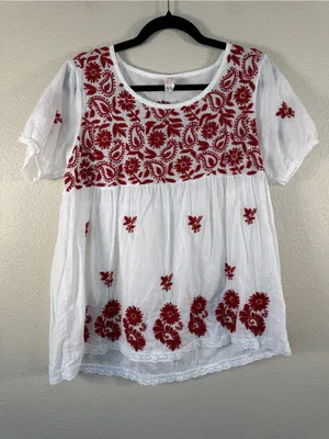 Raga White Red Embroidered Floral Babydoll Blouse Womens L Boho Cotton Top thumbnail 13