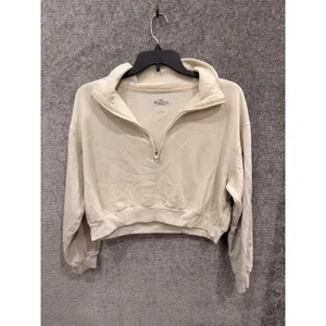Hollister Women Sweatshirt L Cream Cropped Quarter-Zip Fleece Pullover thumbnail 3
