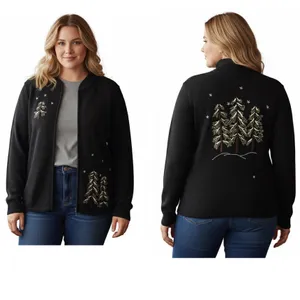 Vintage Christmas Sweater Cardigan Zip Trees 1X Embroidered Black Green thumbnail 2