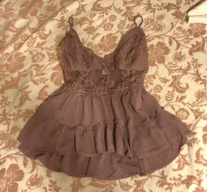 Brown lace babydoll top with floral embroidery and ruffled hem #fairycore #cottagecore thumbnail 1