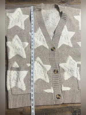 Cozy Star Pattern Cardigan Sweater - Taupe & Cream thumbnail 6