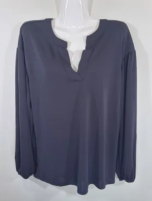Ann Taylor Womens Navy Blue Split Neck Balloon‎ Sleeve Blouse Small thumbnail 1