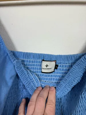 Tuckernuck Annie Linen Smocked Square Neck Puff Sleeve Woven Dress Blue M thumbnail 8