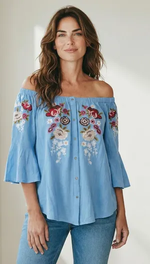 Umgee Blue Floral Embroidered‎ Off The Shoulder Bell Sleeve Blouse XL WG0914 thumbnail 1