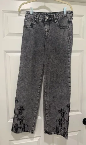 Ashley Mason Black Acid-Wash Wide-Leg Jeans with Cross Embroidery thumbnail 1