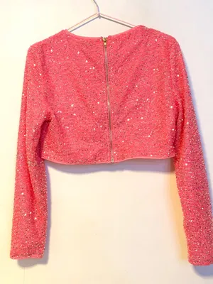 SHEIN Sequin High Neck Long Sleeve Crop Top Glitter Bright Hot Pink Womens Large thumbnail 3