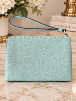 Coach F58032 Corner Zip Wristlet Seafoam Blue Crossgrain Leather thumbnail 2